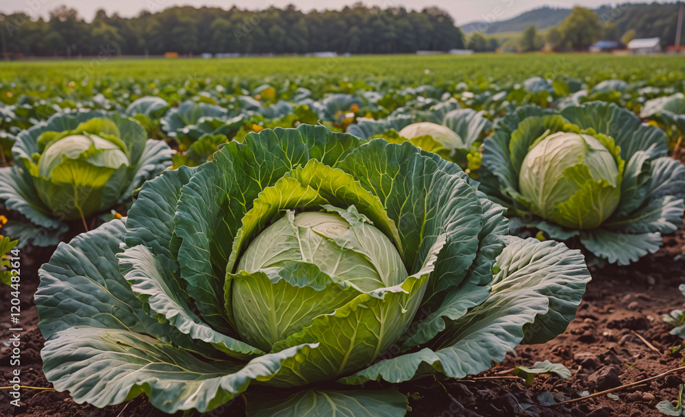 Poster Field of green cabbage with a large head of cabbage in the middle. The field is lush and green, with a few trees in the background