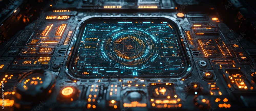 Aufkleber futuristic technology interface with glowing screen and intricate circuitry.