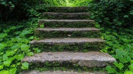 Overgrown stone steps leading upward in a lush green garden