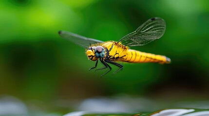 Yellow dragonfly in flight over water, green background, nature scene
