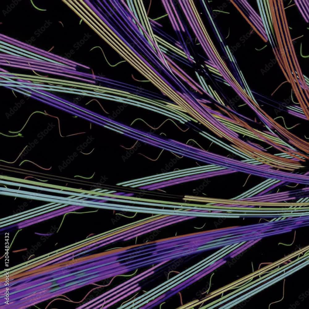Poster dynamic abstract composition of colorful intersecting light streaks on a black background, evoking e