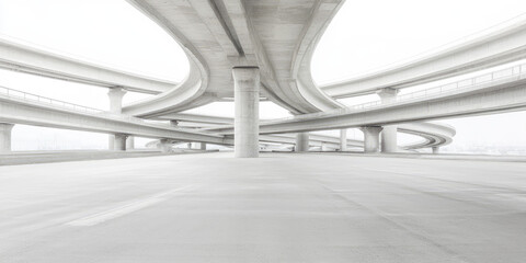 A maze of highways in a big city. Empty high-speed roads intertwine in different directions, multi-level road interchange