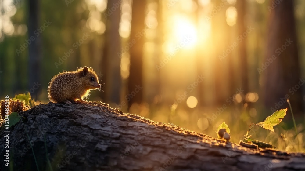 Poster hedgehog explores a sunlit forest clearing at dusk while perched on a fallen log observing its surro