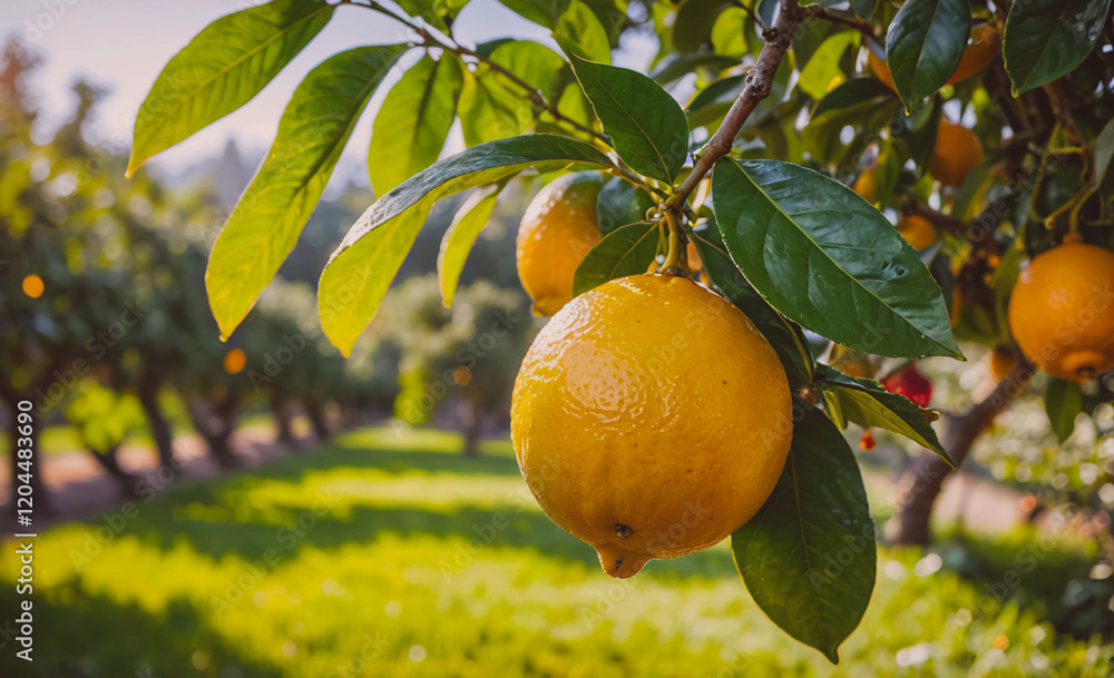 Aufkleber lemon is hanging from a tree in a field. the lemon is yellow and has a green stem. the field is lush