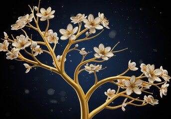 A 3D illustration of a stylized golden tree with intricate white flowers