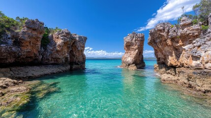 Fototapeta premium Coastal rock formations, turquoise water, sunny day, travel background