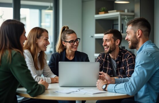 Happy business team sits around table in office. Looking at laptop computer, smiling. Look focused, engaged in meeting. Diverse team. People laughing. Looks like collaborative workplace.