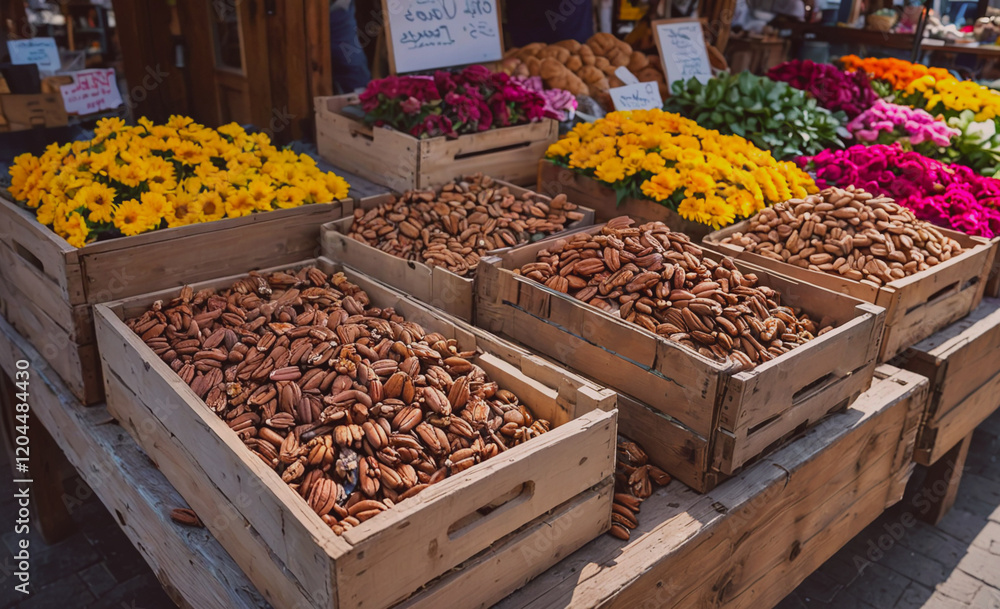Poster table full of nuts and flowers. the nuts are in wooden crates and the flowers are in vases