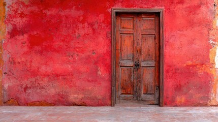 Rustic wooden door in a vibrant red stucco wall, Mexico