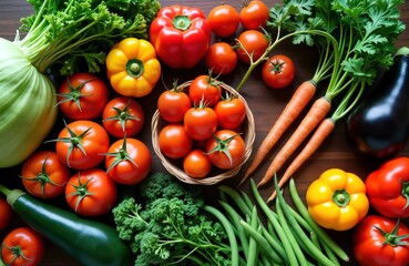 Fresh organic vegetables from local farmers market. Healthy, sustainable food concept. Colorful array of vegetables like tomatoes carrots peppers beans, bok choy. Top view presentation ideal for eco,