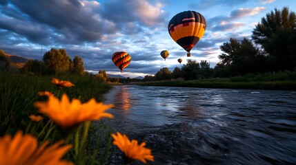 Obraz premium Serene Sunset Hot Air Balloon Flight Over Calm River and Lush Greenery