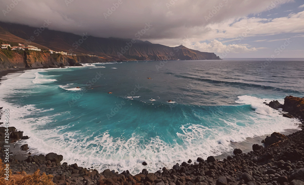 Aufkleber the ocean is calm and blue, with a few small waves breaking on the shore. the sky is cloudy, giving 
