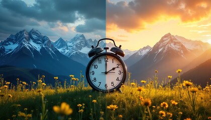 Split image shows day, night sides of daylight saving time. Clock in center of meadow with mountains background. Sunrise, sunset illustrated by vibrant colors. Nature transition concept. Peaceful