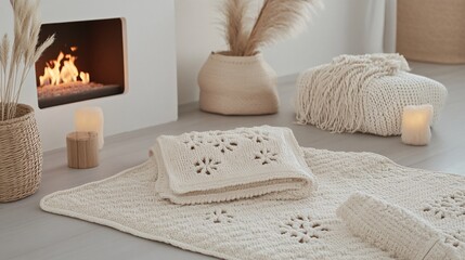 Cream Crochet Knitted Blanket and Rug Set for Cozy Home Decor