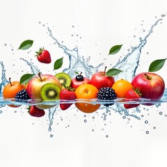 Colorful fruits splash into clear water. Fresh fruits like apples oranges, berries immersed in water creating water splashes. Water droplets, leaves float around fruits. Vibrant colors, freshness