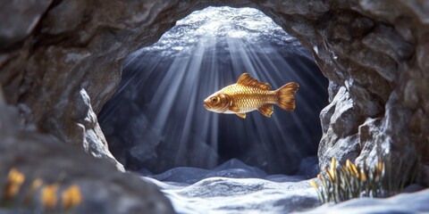 A golden fish illuminated by rays of sunlight swimming in a rocky underwater cave