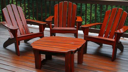 Obraz premium Three Red Wooden Adirondack Chairs with Table on Deck