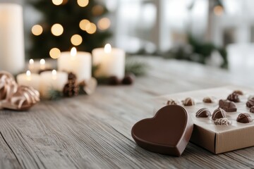 A rich heart-shaped chocolate lying next to an elegantly wrapped gift, set against a backdrop of warm candles, representing love and thoughtful gifting during festive times.