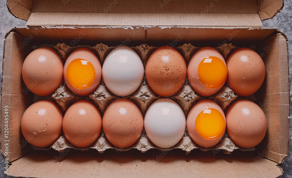 Poster Dozen eggs are in a cardboard box with one egg missing. The box is open and the eggs are sitting on top of the cardboard