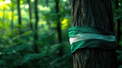 The Nigeria flag wrapped around a tree trunk in a lush forest, representing harmony with nature,