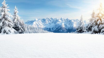 Snowy mountain range winter landscape; clear sky, sunlit peaks, snow covered foreground; ideal for winter travel brochures
