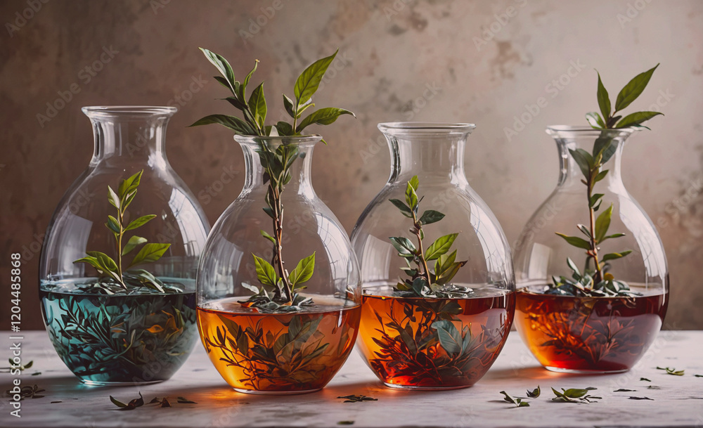 Aufkleber Four vases with plants in them, each with a different colored liquid. The vases are arranged in a row, with the first vase on the left and the last on the right. The plants in the vases are small and