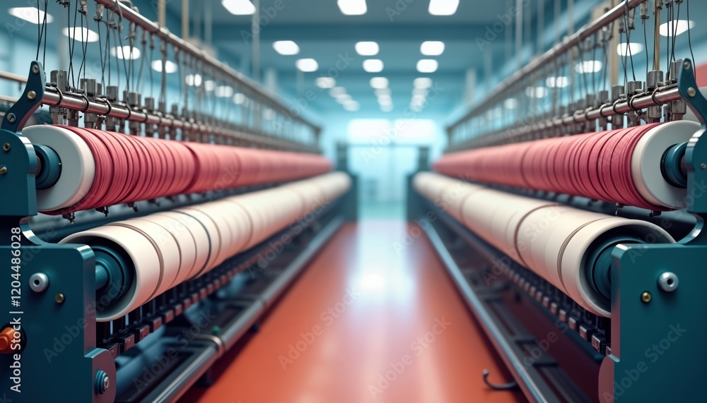 Poster Textile production machinery in factory. Automated assembly line. Red, white threads on rollers. Modern industrial tech. Weaving loom. Textile manufacturing process. Factory interior. Industrial