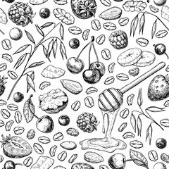Granola, muesli or oatmeal food vector seamless pattern. Breakfast meal sketch background.