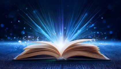 open book emitting magic light beams and particles over digital futuristic background