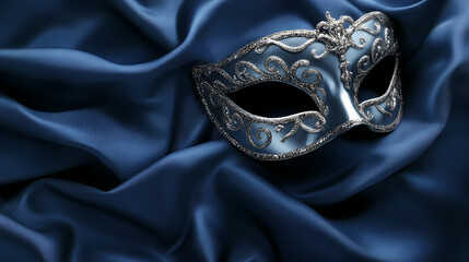 A silver masquerade mask on dark blue fabric, perfect for a mysterious and elegant halloween or carnival celebration. Dark Carnival. Illustration