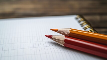 Close-up Red and Orange Pencils on Notebook
