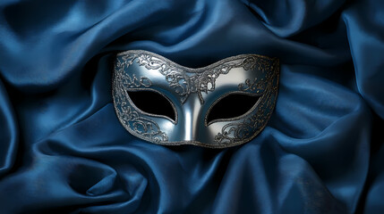 A silver masquerade mask on dark blue fabric, perfect for a mysterious and elegant halloween or carnival celebration. Dark Carnival. Illustration