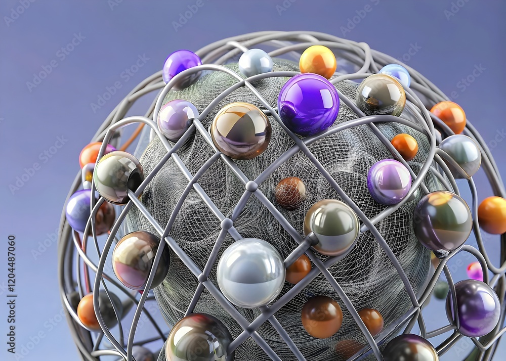 Poster complex atomic structure visualization with vibrant spheres and interwoven lattice design