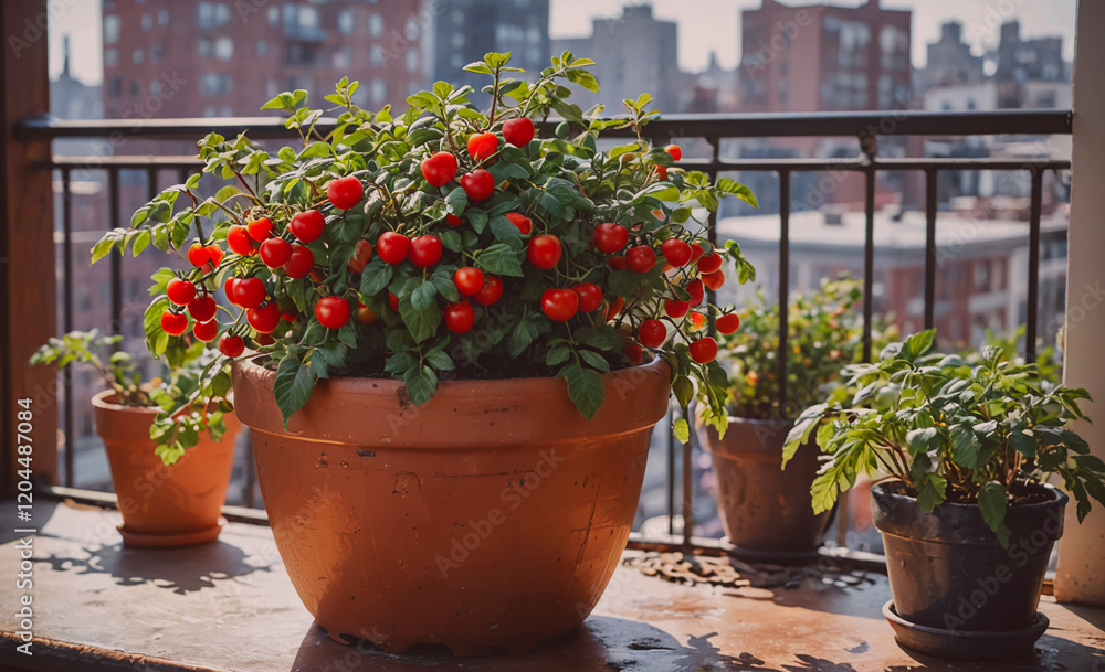 Poster potted plant with red tomatoes sits on a ledge in front of a city skyline. the plant is surrounded b