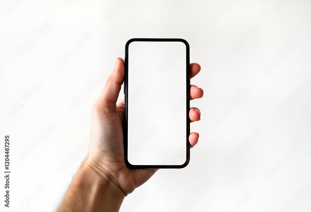 Fototapete hand holds smartphone against white background. blank screen shows potential for app interface desig