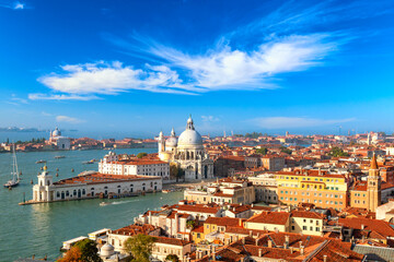 Fototapeta premium Aerial view of Venice, Santa Maria della Salute with Guidecca during early morning summer day.