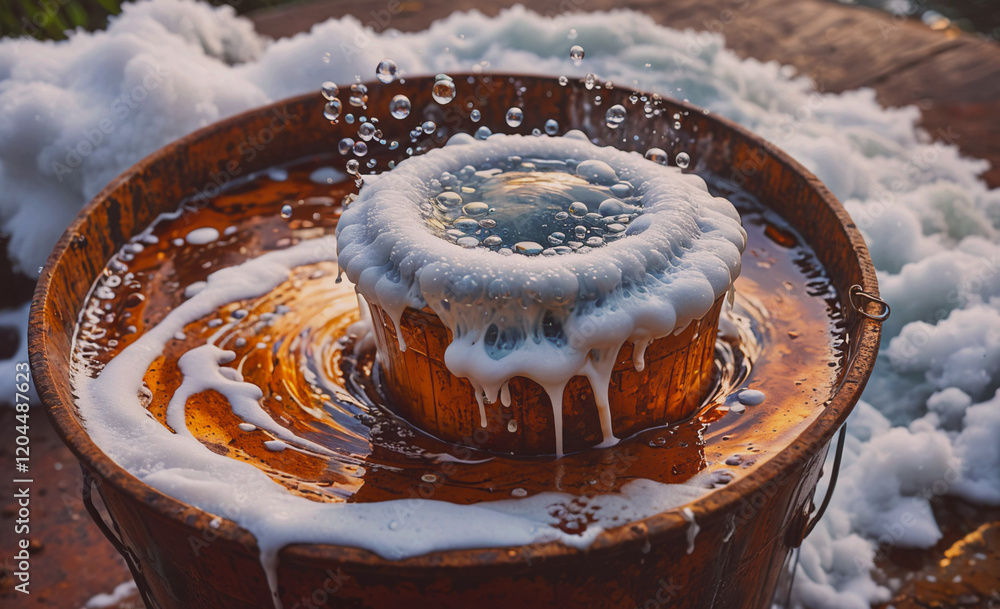 Poster bucket of water with foam on top. the foam is white and the water is brown. the bucket is on a woode