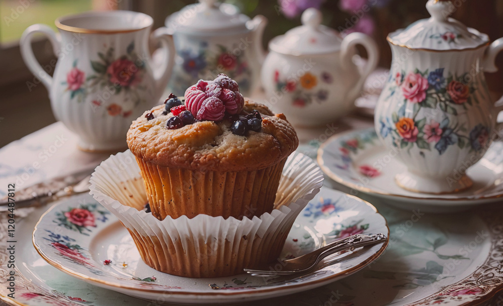 Poster cupcake sits on a plate next to a teapot and a cup. the cupcake is topped with blueberries and raspb