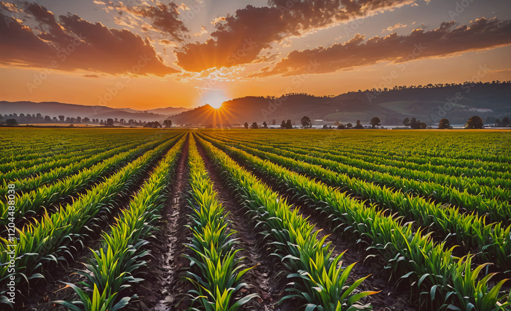 Poster Field of corn is shown with the sun setting in the background. The sun is shining brightly on the corn, making it look like it's glowing. The sky is filled with clouds, giving the scene a peaceful and
