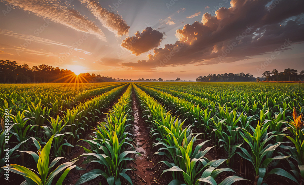 Poster field of corn is shown in the foreground with a beautiful sunset in the background. the sun is shini