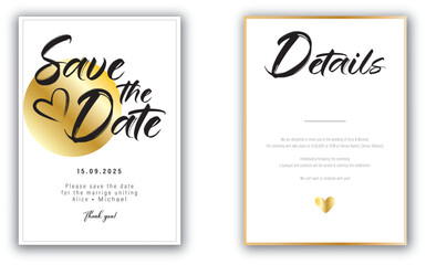 Wedding Invitation Save the Date Card A5 Vector Template Gold and Elegant with Handdrawn Text