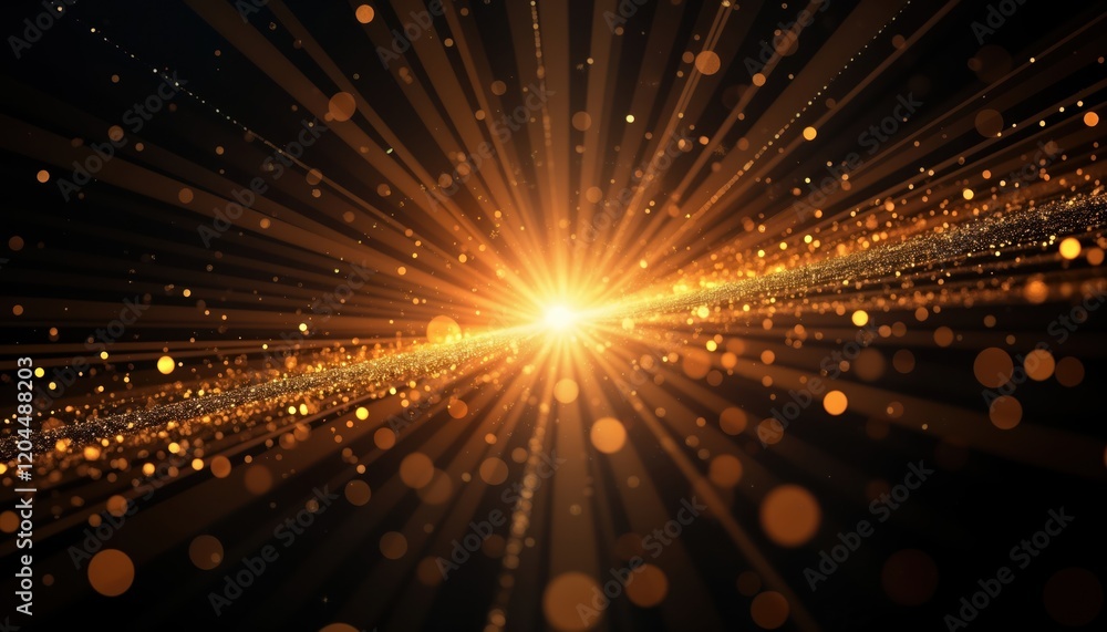 Poster abstract gold light burst radiates from center. rays spread out across dark background. golden parti
