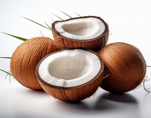 fresh coconuts showing different stages of ripeness on white background
