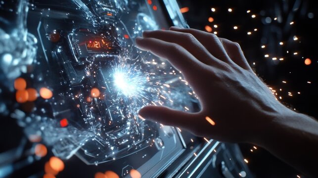 A gripping approach to a control lever is portrayed showing the subtleties of a workers hand movements as they direct a robotic arm equipped for welding with sparks flying in the background.