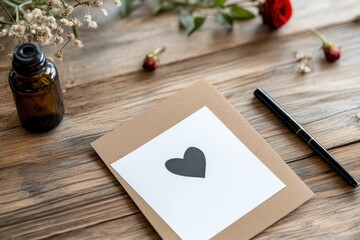 A heart motif greeting card elegantly set on rustic wood with dried botanicals, symbolizing heartfelt expressions and thoughtful sentiments for special occasions.