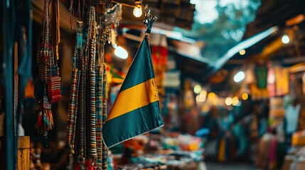 The Kannada flag displayed at a local market, surrounded by traditional crafts and vibrant colors, capturing the essence of culture