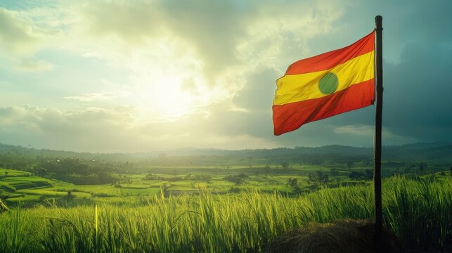 The Kannada flag displayed on a traditional wooden pole, surrounded by lush green fields under bright sunlight, emphasizing its significance