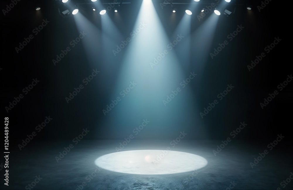 Leinwandbilder Empty stage with bright spotlight. Dark background lit with focused light source. Modern design elements create futuristic presentation space. Suitable for music concert product presentation visuals.