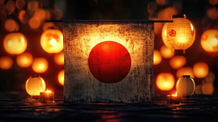 The Japan flag illuminated at night, with surrounding lanterns creating a warm, inviting glow