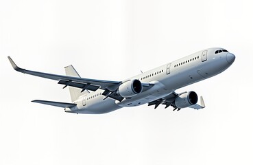 Fototapeta premium White passenger jet plane flies high in sky. Modern aircraft in flight. Commercial airliner in action. Fast air travel. Safe journey. Business travel. Holiday. Vacation. Transport. Travel. Fast, safe